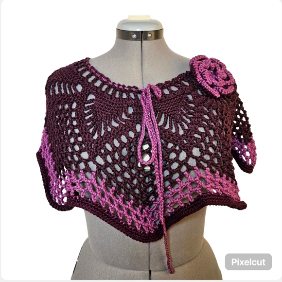 Custom Made eggplant purple lilac border acrylic crochet cape poncho one size - Picture 1 of 5